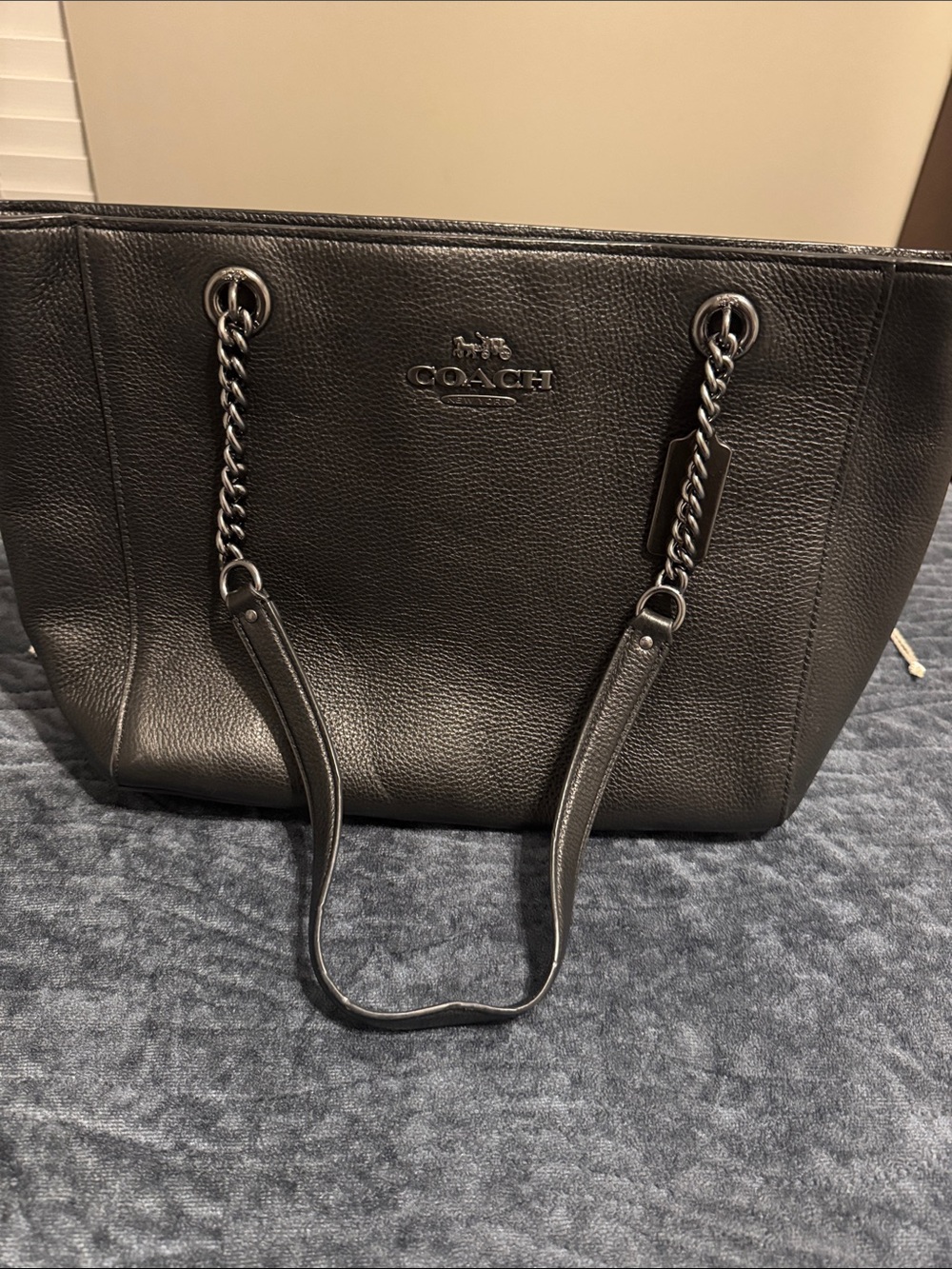 COACH Black Pebbled Leather Tote with Chain-Strap Handles